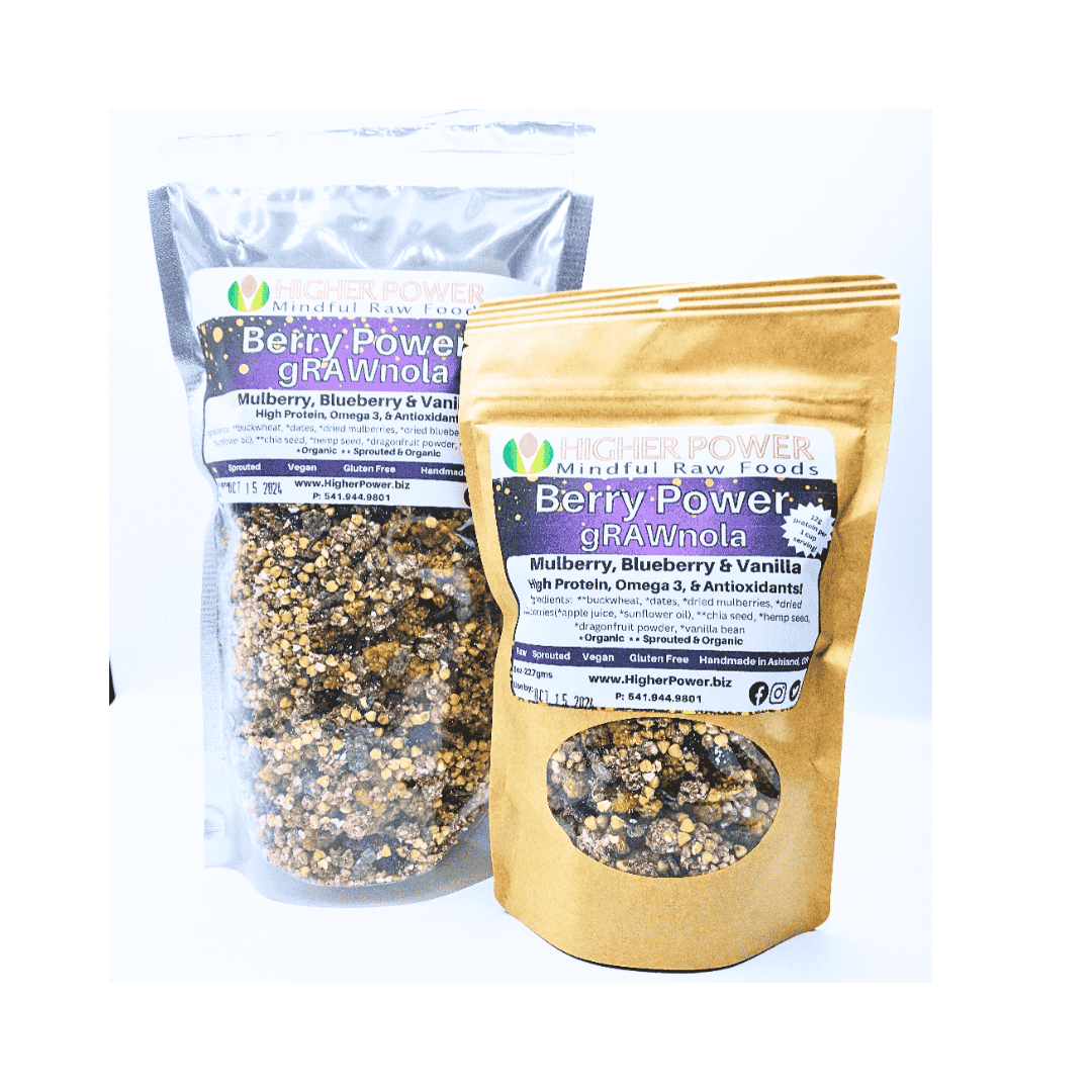 Higher Power Berry Power Granola made with Mulberry, Blueberry, and Vanilla. High in Protein, Omega 3, and Antioxidants