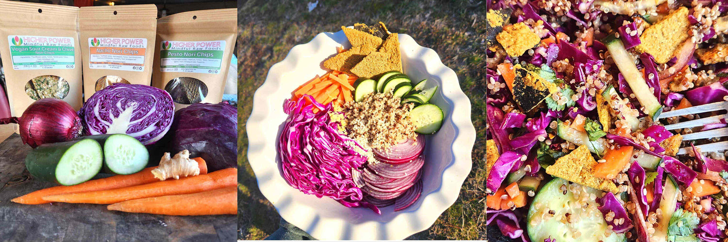 A vegan salad being prepared with cabbage, cucumbers, carrots, onions & ginger - topped with Nacho Nori Chips for added nutrients.