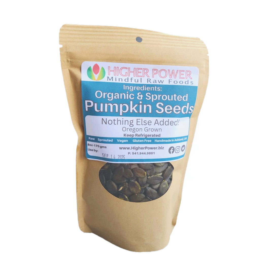A bag of delicious organic and sprouted higher power pumpkin seeds, nothing else added Oregon Grown, Made in the USA